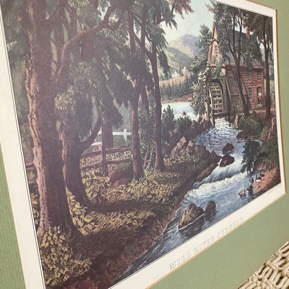 VTG Green Matted CURRIER & IVES Print Calendar Topper Mill River Scenery 1958 - Picture 5 of 7